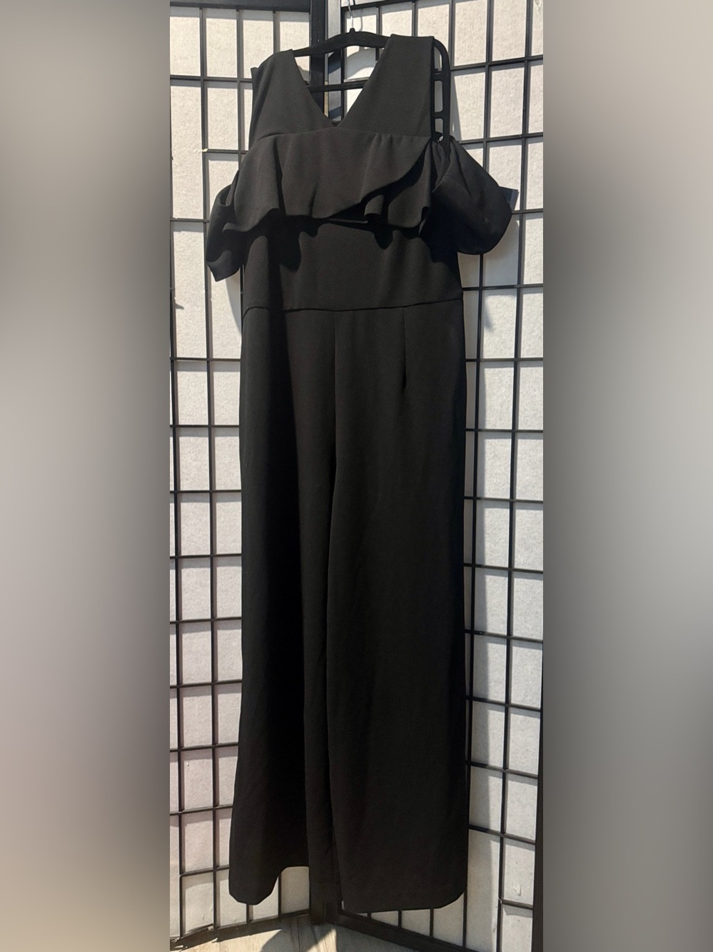 Black Wide Leg Jumpsuit with Cold Shoulders Style and Ruffle Details- NWT
